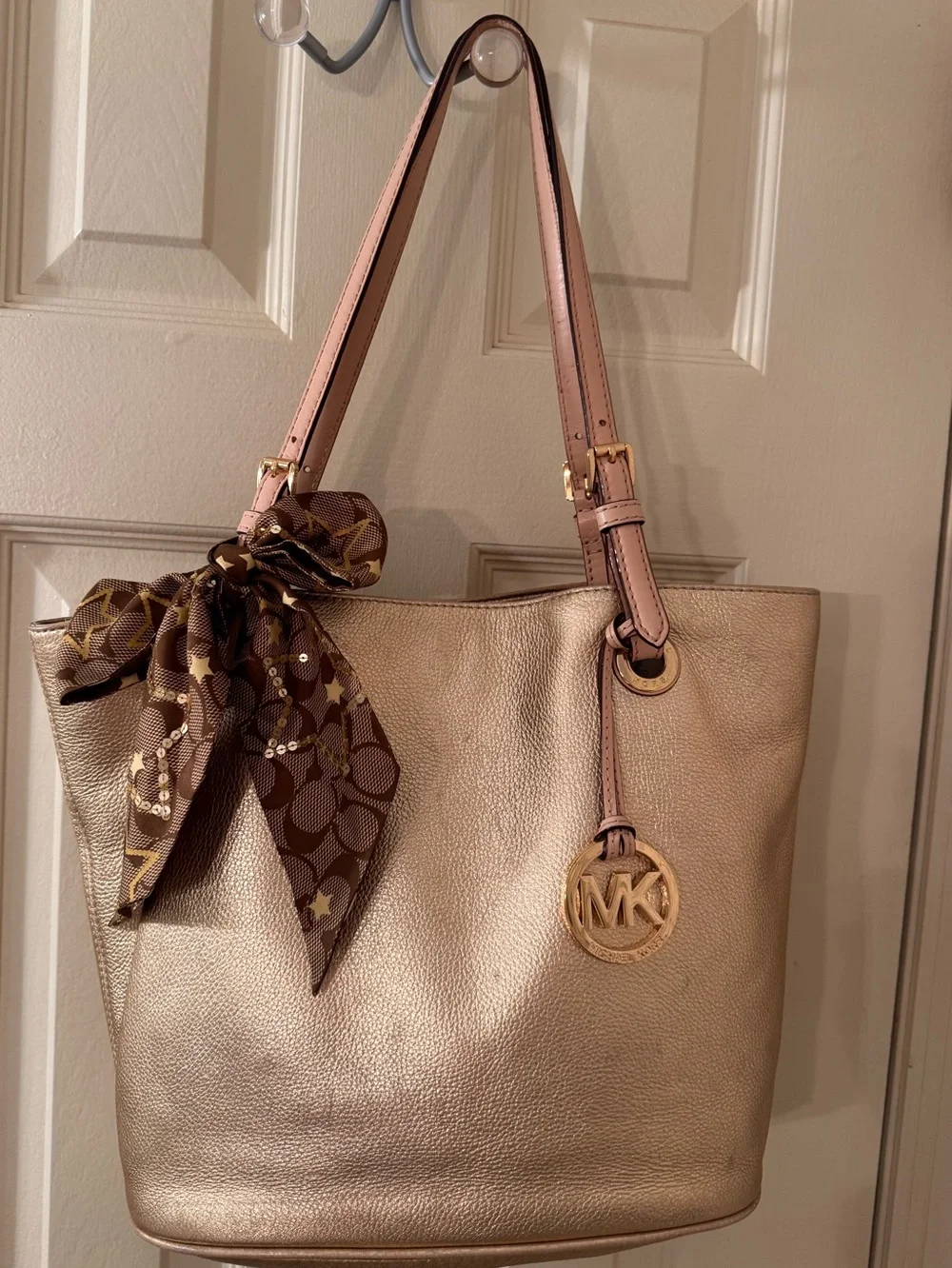 Michael Kors Gold Pebbled Leather Tote with Gold MK Charm - Picture 14 of 16